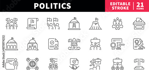Politics editable line icons set. government and election symbols