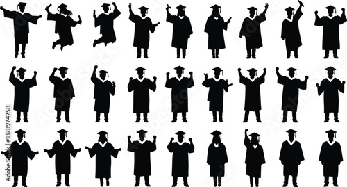 Graduation student silhouette set celebrating success wearing cap and gown different poses isolated on white background education illustration