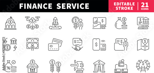 Finance service editable line icons set. money and banking graphics