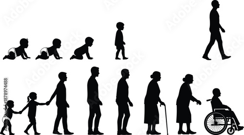 Human life cycle silhouette from baby to elderly aging stages evolution concept isolated on white background illustration