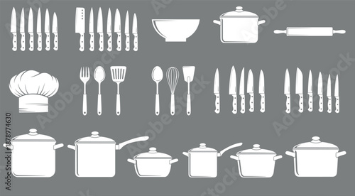 Kitchen utensils silhouette set, cooking tools icons collection, knives pots cookware illustration, chef equipment vector design isolated on background