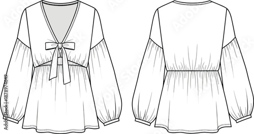 Front and back view of white women's blouse mockup isolated on white background for apparel design, fashion branding, clothing templates, vector illustration