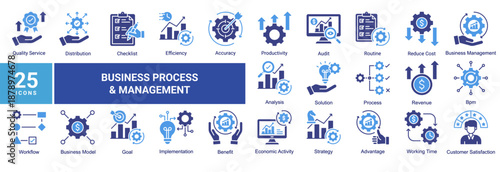 Business Process & Management icon set featuring workflow,efficiency,productivity,strategy,analysis,performance,and operational business management concepts.