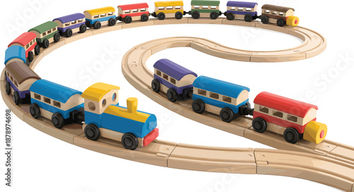 Colorful Wooden Toy Train Set on Curved Tracks, Classic Kids Railway Playset Illustration for Children Games, Preschool Education, Toys Branding, Packaging, and Digital Design