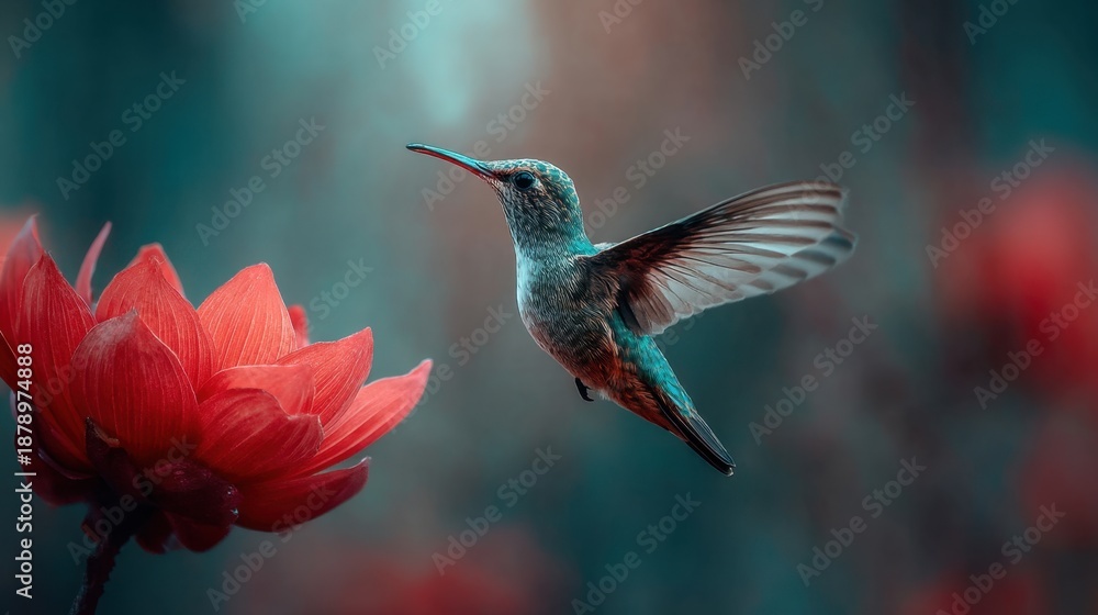 Fototapeta premium Hummingbird hovering near red flower in tranquil garden setting.