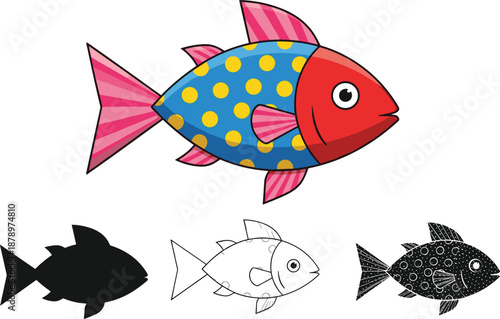 Colorful Cartoon Fish Illustration Set with Polka Dot Pattern and Multiple Versions Including Silhouette and Line Art Isolated on White