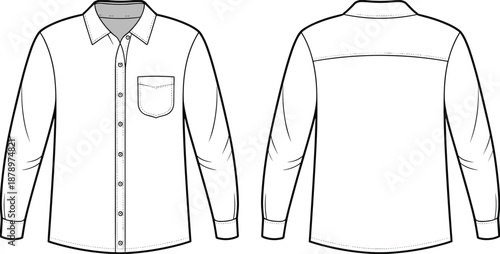 Men long sleeve shirt CAD drawing, flat vector illustration, front and back view technical fashion sketch isolated on white background for apparel design