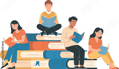 People Reading Books Illustration, Students and Adults Studying Together on Stack of Books, Education and Learning Concept for Library, School, Knowledge, and Digital Design