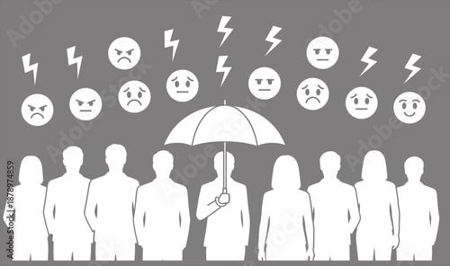 Mental health stress concept silhouette people standing under umbrella protecting from negative emotions lightning symbols anxiety illustration
