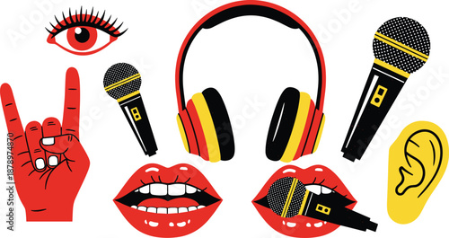 Colorful Music and Podcast Illustration Featuring Headphones Microphones Rock Hand Gesture Lips Eye and Ear for Audio Entertainment and Broadcasting