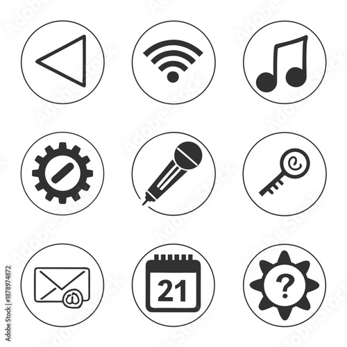 Set of nine icons representing various functions