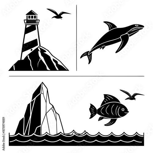 Coastal scene with lighthouse and sea life