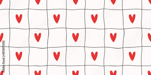 Seamless heart gingham pattern with tiny hearts on a soft checkered background. Designed for Valentine gift wrap, baby fabrics, and romantic tablecloth prints
