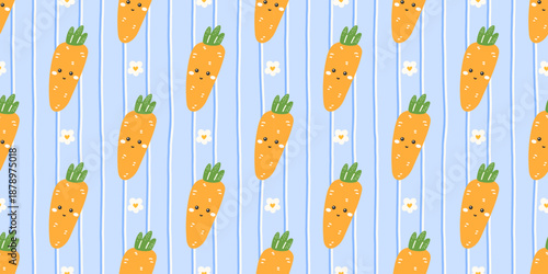 Seamless Easter carrot pattern with soft gingham checks. Designed for baby fabrics, spring tablecloths, and playful nursery backgrounds