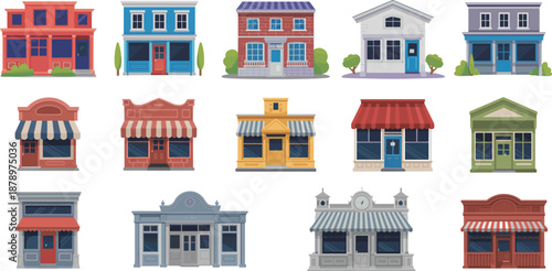 Colorful Cartoon Storefronts Illustration – Fifteen Unique Small Business Facades for Urban Design, Architecture Reference, and Decorative Retail Graphics