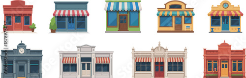 Cute Cartoon Shop Facades Illustration Set, Colorful Small Business Storefront Buildings Collection for City Maps, Games, Branding, UI Design, Stickers, and Digital Art