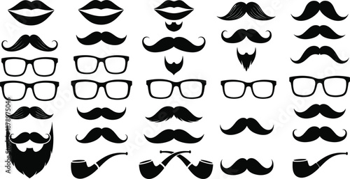 Mustache beard lips glasses icons set, vintage hipster facial hair accessories, black silhouette collection isolated on white background