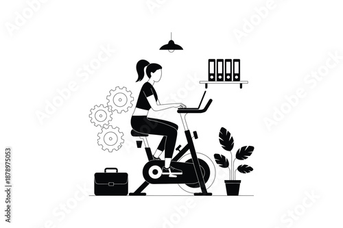 Woman working remotely on exercise bike with laptop and office items remote work