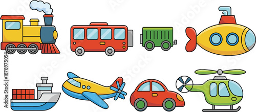 Cartoon Transportation Vehicles Illustration – Eight Colorful Land, Air, and Water Transport Icons for Educational, Kids Learning, and Design Use