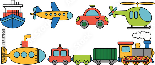 Cartoon Transport Vehicles Illustration – Colorful Air, Land, and Water Modes Including Train, Submarine, Helicopter, and Ship for Educational Design Use