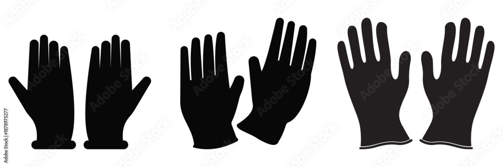 Obraz premium Medical Latex Gloves Vector Icon Set – Blue, White and Black Hand Gestures for Hygiene, Safety and Sterile Protection
