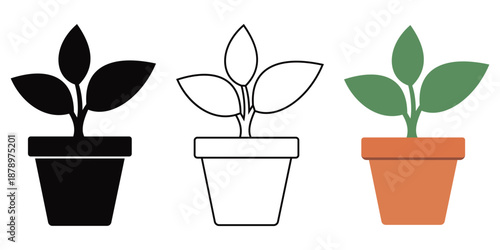 Potted Plant Icons Vector Set – Minimal Indoor Greenery in Outline, Solid Silhouette 
and Flat Color Style