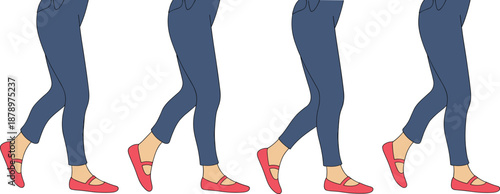 Walking Cycle Illustration – Four-Step Human Leg Motion Sequence with Blue Pants and Red Shoes for Animation, Biomechanics, and Educational Use