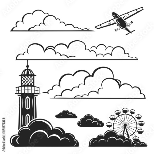 Illustrative scenes with clouds and objects