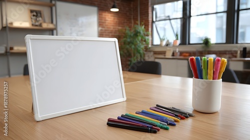 Wallpaper Mural A blank whiteboard and colorful markers are placed on a wooden table in a modern office workspace Torontodigital.ca