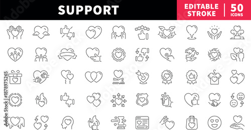 Support editable line icons set: assistance and help symbols in outline style