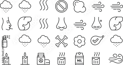 Black and White Smell and Air Icons – Allergy, Odor, Respiratory Health, Pollution, and Scent Symbols for Medical, Environmental, and Consumer Use
