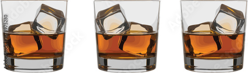 Realistic Whiskey Glasses with Ice Cubes Illustration Set, Premium Alcohol Drink Concept for Bar, Beverage Branding, Menu Design, Advertising, and Digital Artwork