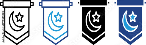 Islamic icon of the crescent moon and star symbol on a hanging banner flag symbolically for the celebration of the Muslim holiday of Ramadan.