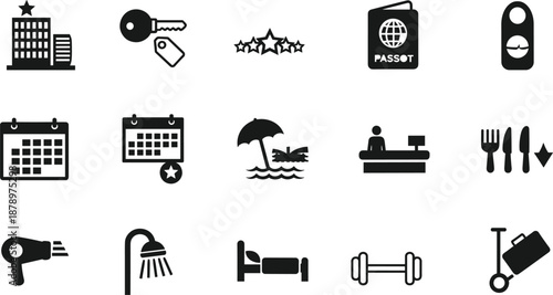 Comprehensive Set of Hotel and Travel Service Icons Featuring Hospitality Symbols Like Room Keys Passports Calendars Beach Umbrellas and Gym Equipment
