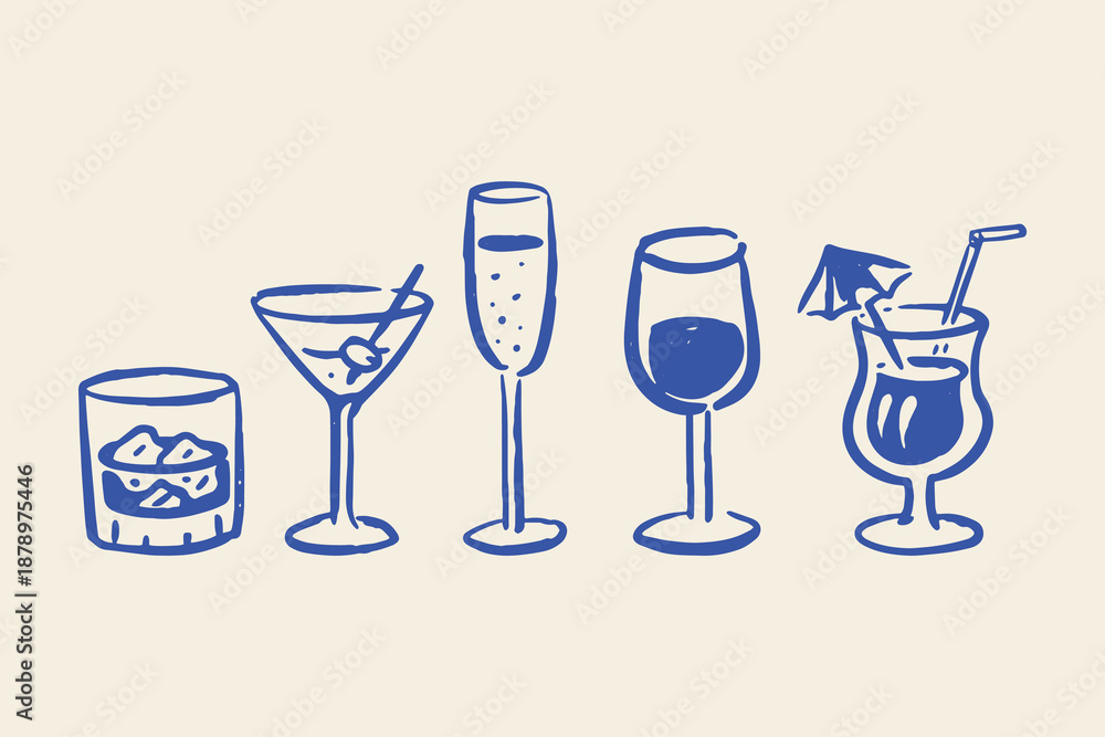 Obraz premium Cocktail glasses hand drawn sketch vector illustration