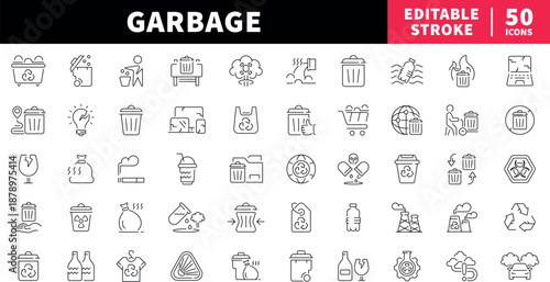 Waste management editable line icons set. recycling and garbage symbols