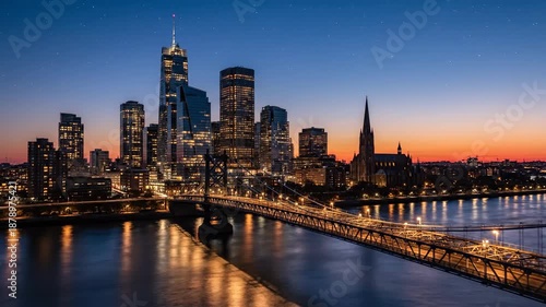 City skyline silhouette at dusk reflecting in river waterscape