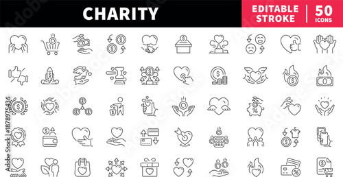 Charity and donation editable line icons set. heart and help outline symbols