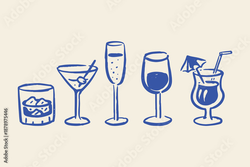 Cocktail glasses hand drawn sketch vector illustration