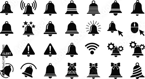 Comprehensive Set of Notification Bell Icons Featuring Alert Signals Alarm Reminders Warning Triangles Wireless Connectivity Gear Settings and Festive Ribbon Bells for Digital Interface Design