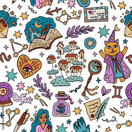 Fairytale vector background. Wizard and books, fairytale characters. Design for teenagers and children. Heart and magic. Seamless pattern with tarot and astrology.