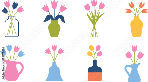 Tulip Flower Vase Illustration Set, Cute Spring Floral Arrangements in Colorful Pots and Jugs for Home Decor, Botanical Design, Stickers, Branding, and Digital Art