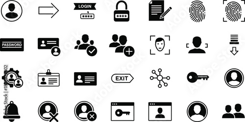 Comprehensive Set of User Authentication Icons Featuring Login Credentials Password Security Biometric Fingerprint Face Recognition ID Cards Digital Profiles and Secure Access Control System Symbols