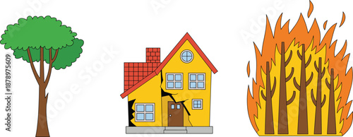 Environmental Impact Illustration – Healthy Tree, Cracked House, and Forest Fire Depicting Nature, Disaster, and Ecological Contrast for Awareness and Educational Use