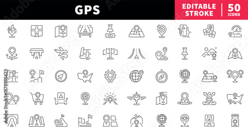 Navigation and maps editable line icons set. location and direction symbols