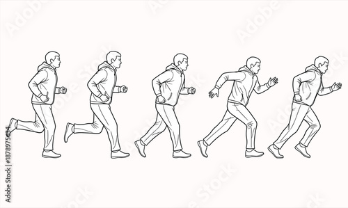 Minimal line art illustration of man running sequence, jogging motion stages, sporty lifestyle exercise concept, dynamic vector character set