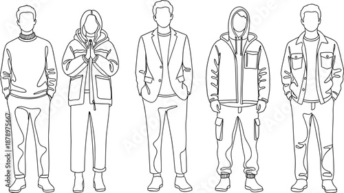 Minimal line art illustration of men and women wearing casual jackets, hoodies and coats, modern winter fashion vector set