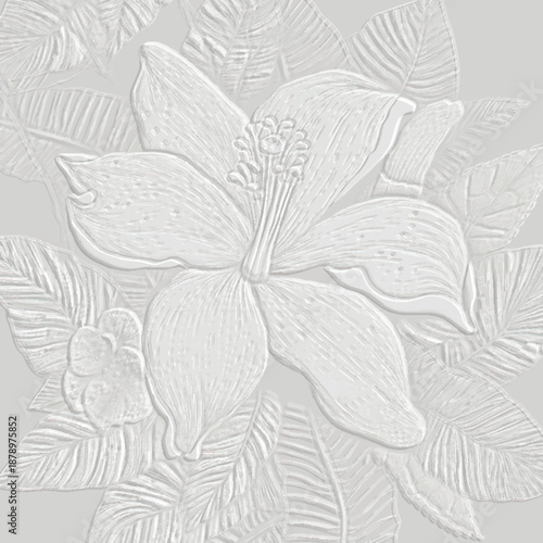 3D embossed tropical hibiscus flower illustration. Luxury white textured background with realistic relief botanical elements and leaves. Elegant monochromatic emboss vector design.