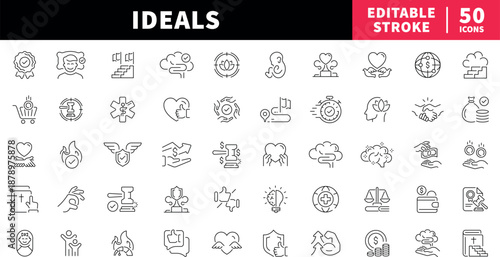 Ideals editable line icons set. linear outline symbols, values, principles, ethics