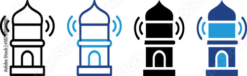 The mosque tower emits sound signals, symbolizing the call to prayer or religious announcements about prayer schedules, mosque activity posters.